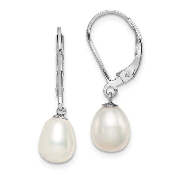 Silver Drop Earrings for Men -Sterling Silver 7-8mm White Freshwater Cultured Pearl Dangle Leverback Earrings