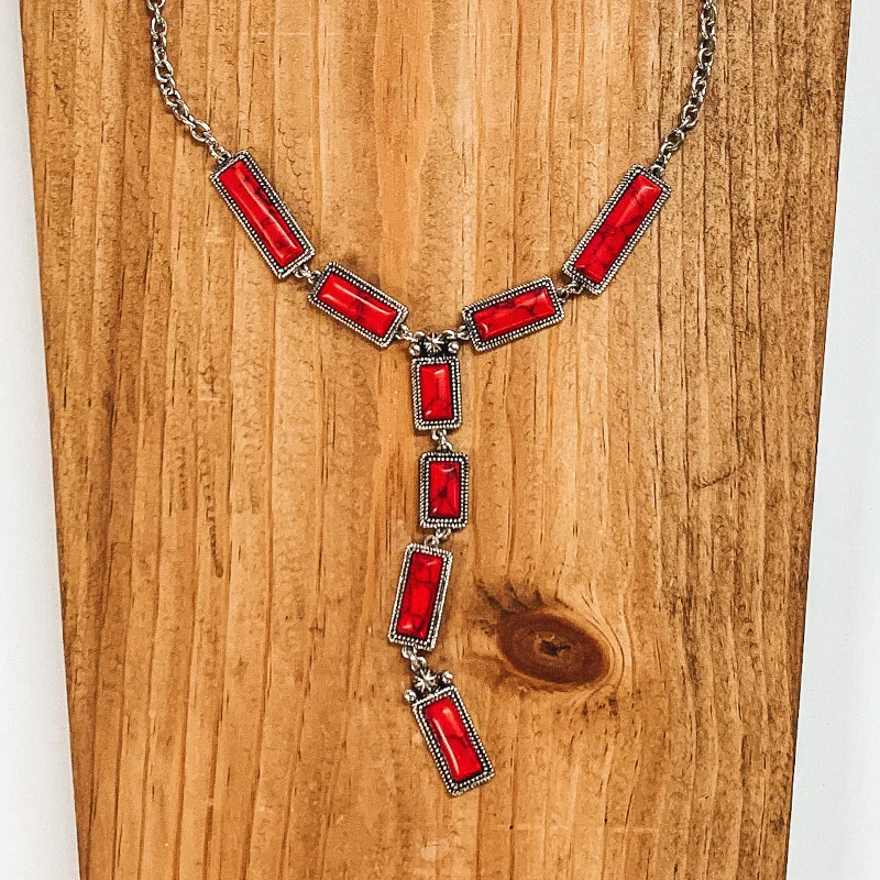 Drop Earrings with Polished Shine -Silver Tone Lariat Necklace with Faux Red Stones