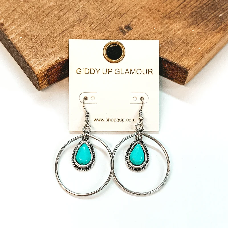 Drop Earrings with Embossed Patterns -Circle Drop Silver Earrings with Hanging Teardrop Pendant in Turquoise