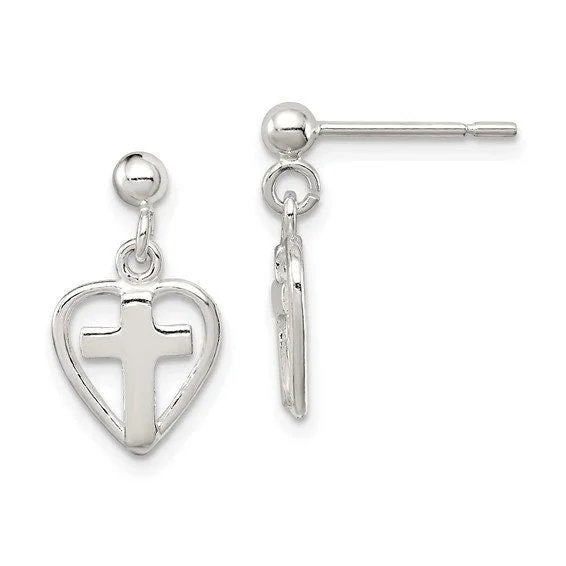 Magnetic Closure Drop Earrings for Easy -Sterling Silver Cross in Heart Earrings