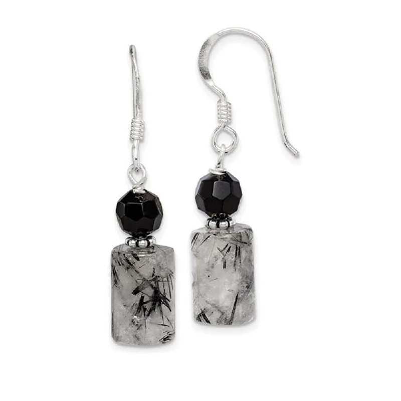 Small Drop Earrings for Delicate -Silver Black Crystal and Tourmalinated Quartz Earrings