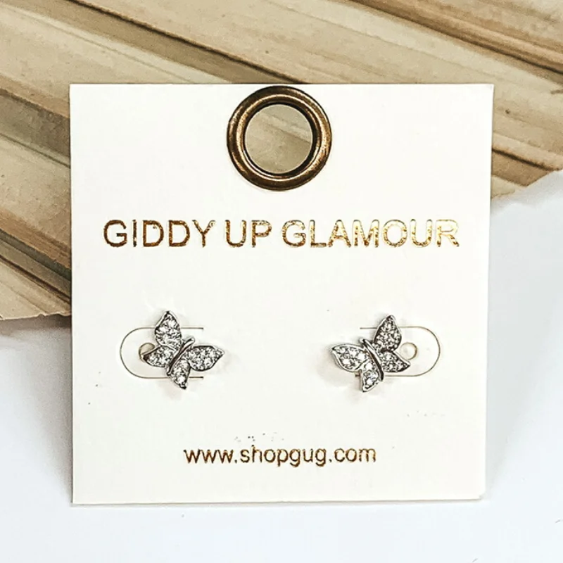 Drop Earrings with Debossed Designs -Dainty Butterfly Shaped Stud Earrings with CZ Crystals in Silver