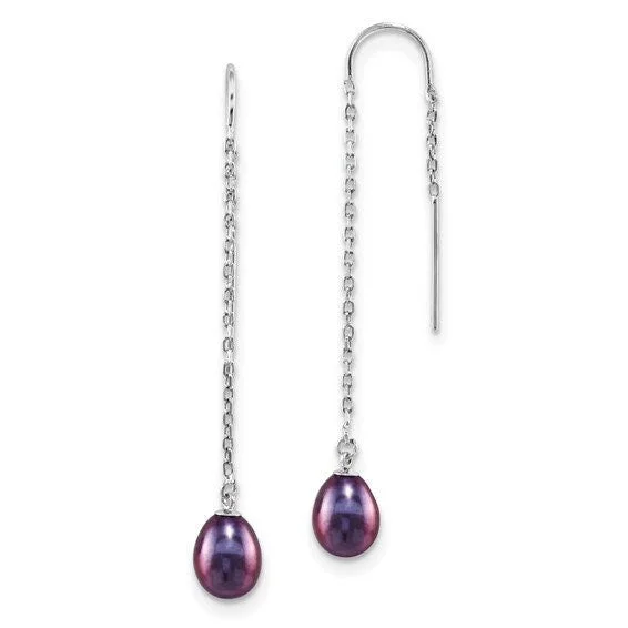 Gold Drop Earrings for Women -Sterling Silver  7-8mm Black Rice  Pearl Threader Earrings