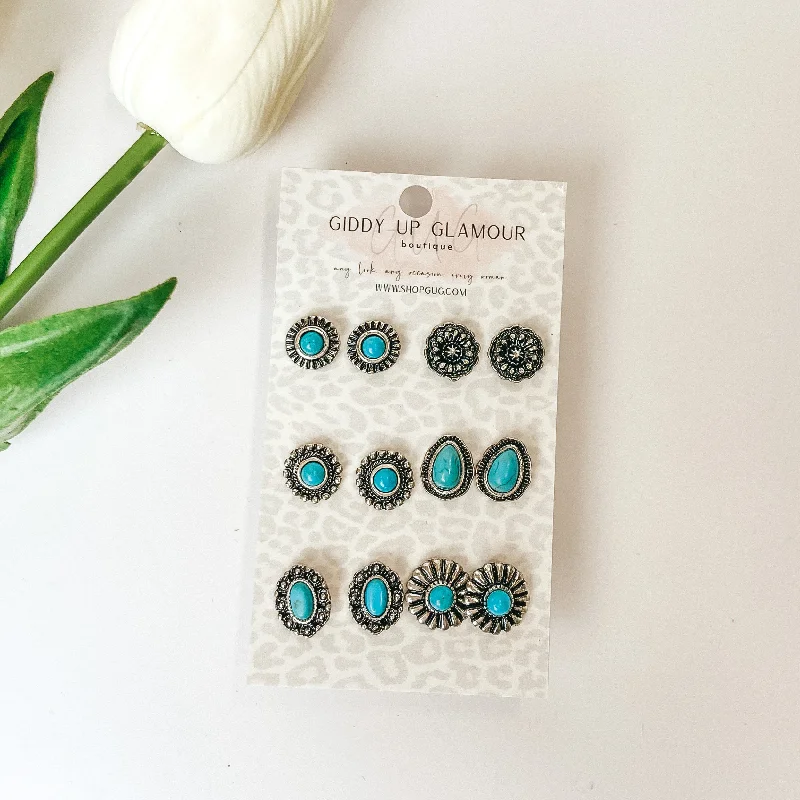 Gemstone and Diamond Drop Earrings for Opulence -Set Of Six | Small Turquoise and Silver Designed Studs