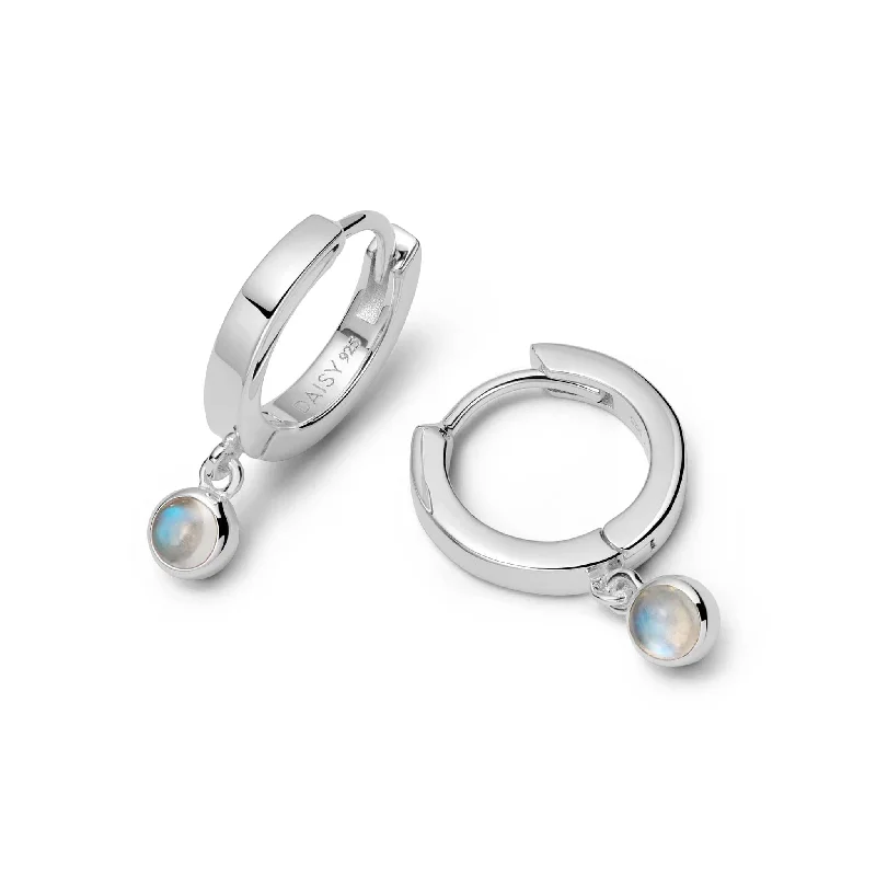 Drop Earrings for School Uniform -Rainbow Moonstone Healing Huggie Hoop Earrings Sterling Silver