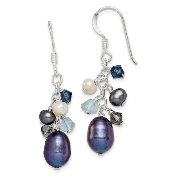 Pearl Drop Earrings for Elegance -Sterling Silver Blue Crystal/Peacock/White FW Cultured Pearl Earrings