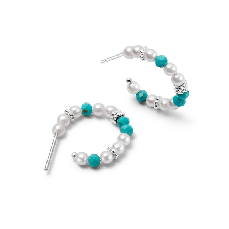 Drop Earrings with Etched Designs -Pearl Turquoise Midi Hoop Earrings Sterling Silver