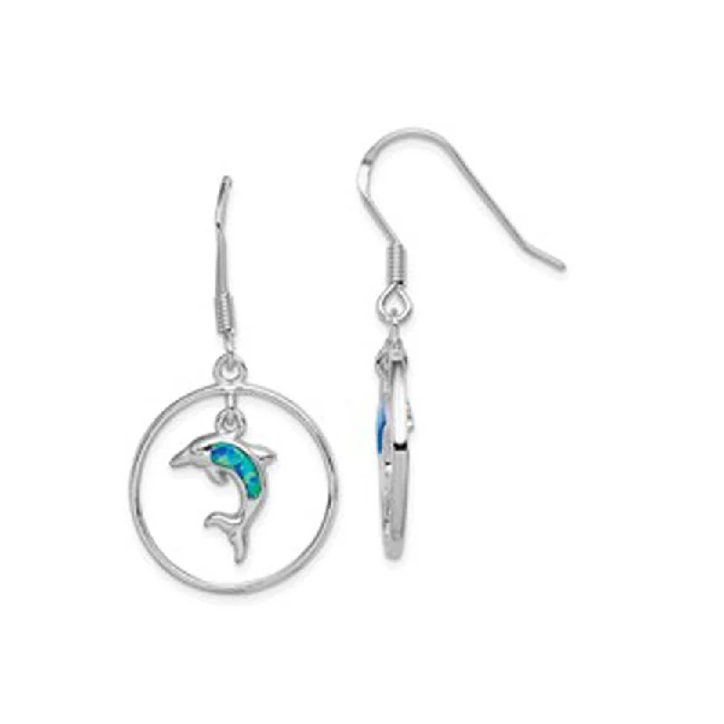 Gemstone Drop Earrings for Color -Sterling Silver  Blue Opal Dolphin Dangle Earrings