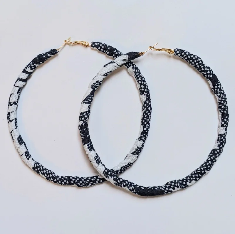 Drop Earrings for Evening Gown -Serwa Black and White Kente African print Hoop earrings-DPB0795ER