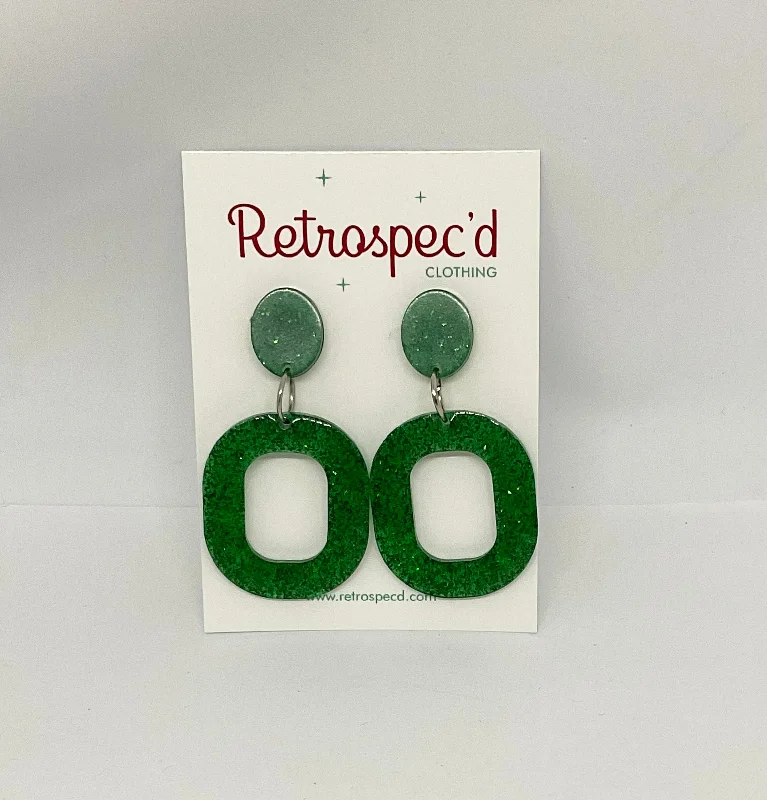 Drop Earrings for Travel Look -Oval  Green Glitter Hoop Earrings