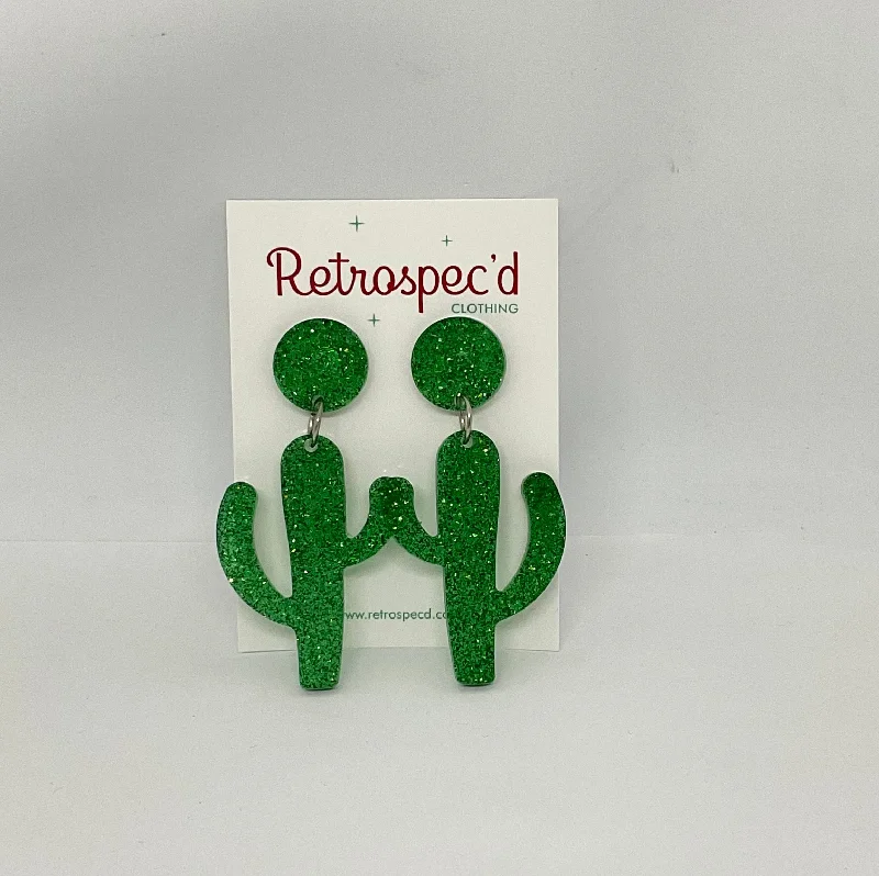 Drop Earrings for Wellness Routine -Cactus Green  Glitter Earrings