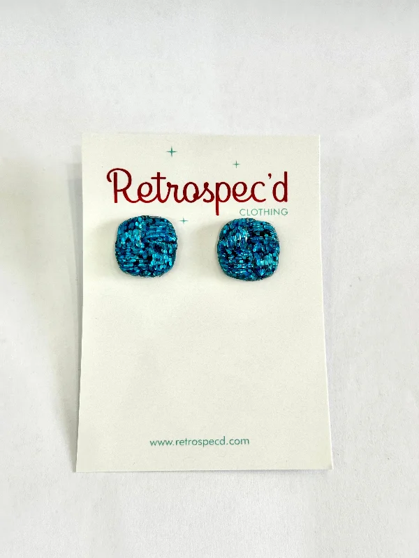 Drop Earrings for Yoga Session -Basket Weave Turquoise Glitter Stud Earrings