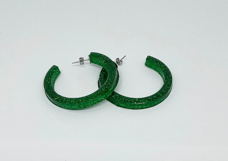 Drop Earrings for Graduation Day -Rosie Large Green Glitter Hoop Earrings