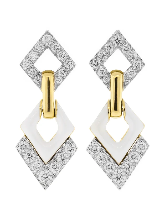 Drop Earrings for Graduation Day -Double Diamond And White Enamel Earrings