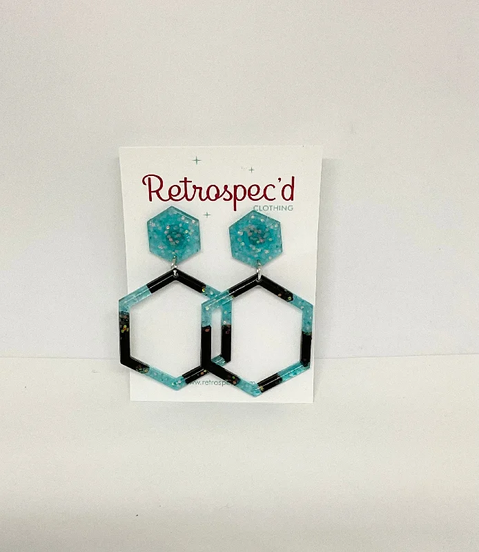 Drop Earrings with Crown Designs -Hexagon Med Hexagon Turquoise Black  Earrings