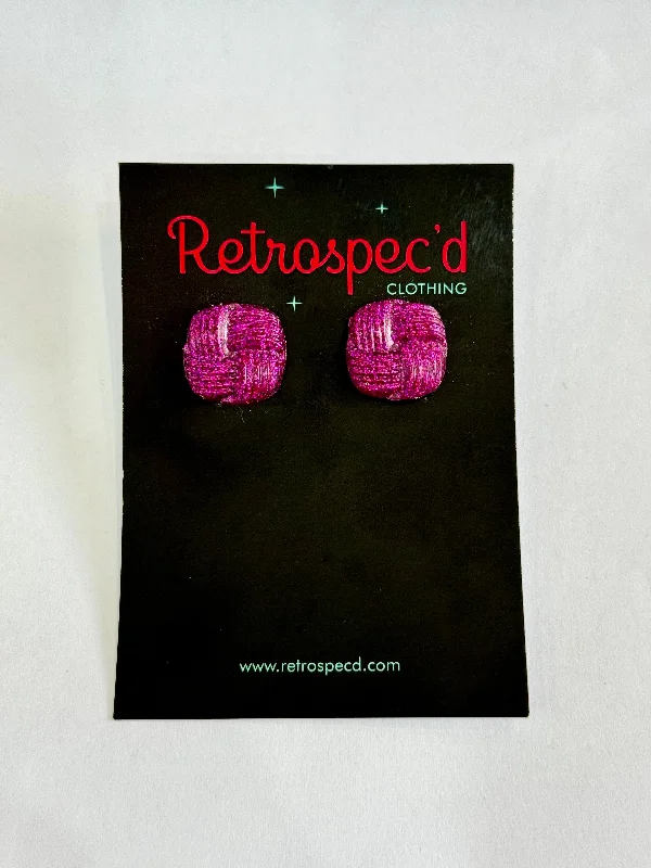 Drop Earrings for Wellness Routine -Basket Weave Magenta Glitter Stud Earrings