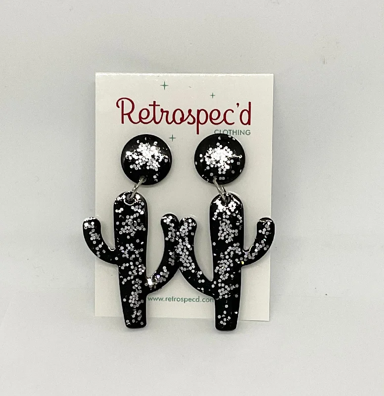 Drop Earrings with Textured Surface -Cactus Black/Silver Glitter Earrings