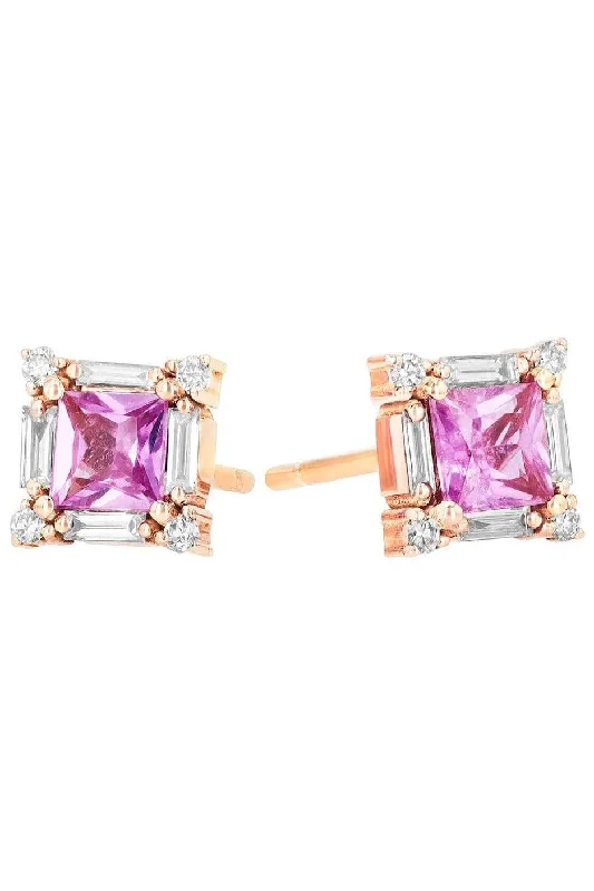 Drop Earrings for Wedding Ceremony -Pink Sapphire And Diamond Baguette Stud Earrings