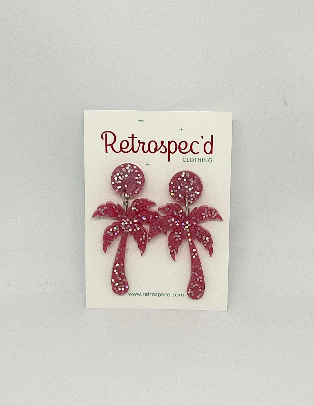 Drop Earrings with Etched Designs -Palm Tree Pink Glitter Earrings