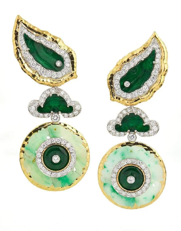 Vintage Drop Earrings with Patina -Diamond Jade Disk Earrings