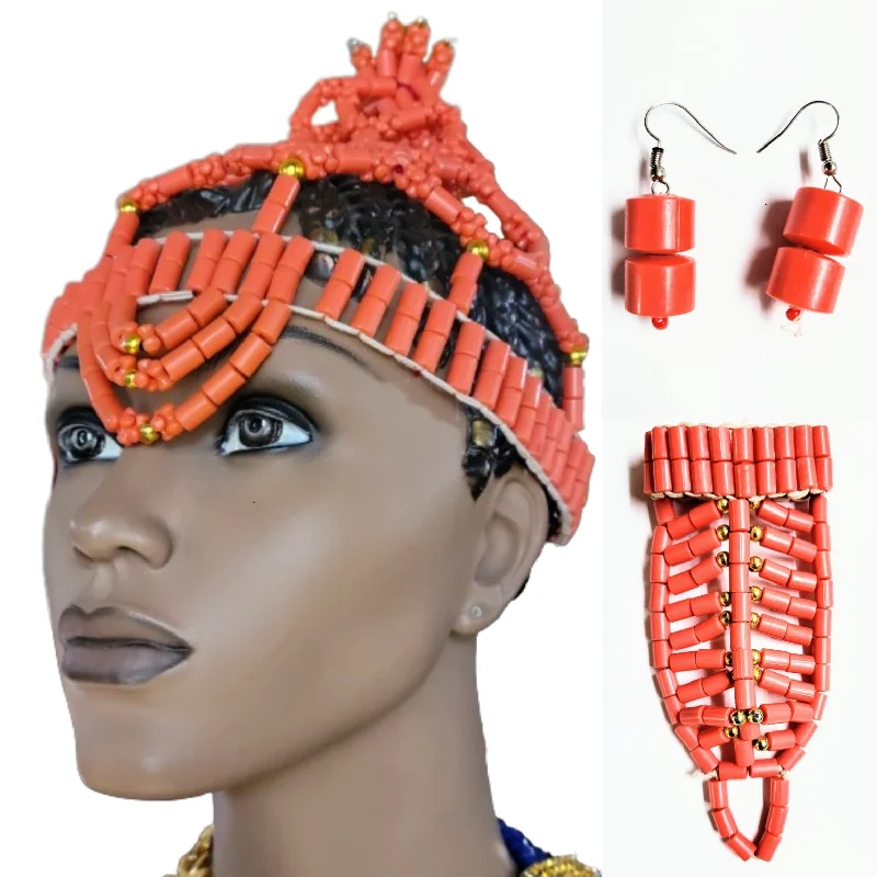 Drop Earrings for Office Wear -Ogogo Igbo Edo beads Nigerian Edo Crown, Bracelet-ring and Earrings for Women-DPEJS3