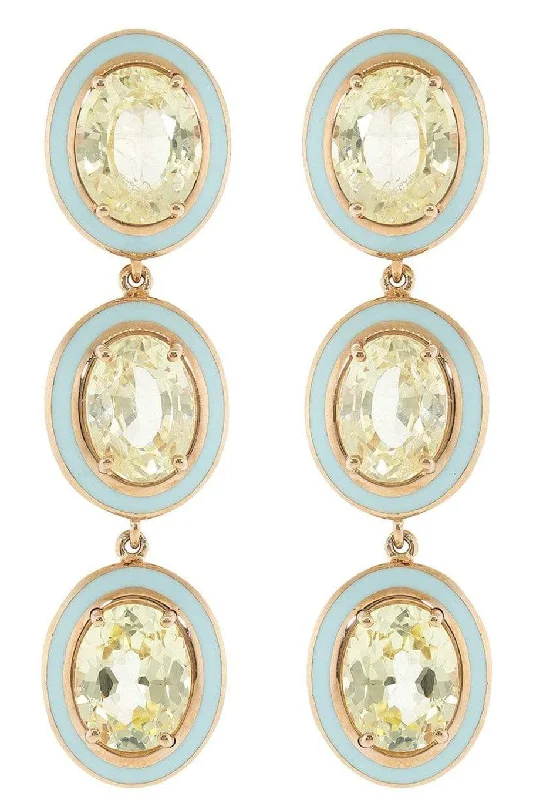 Floral Drop Earrings with Petals -Yellow Sapphire and Blue Enamel Drop Earrings