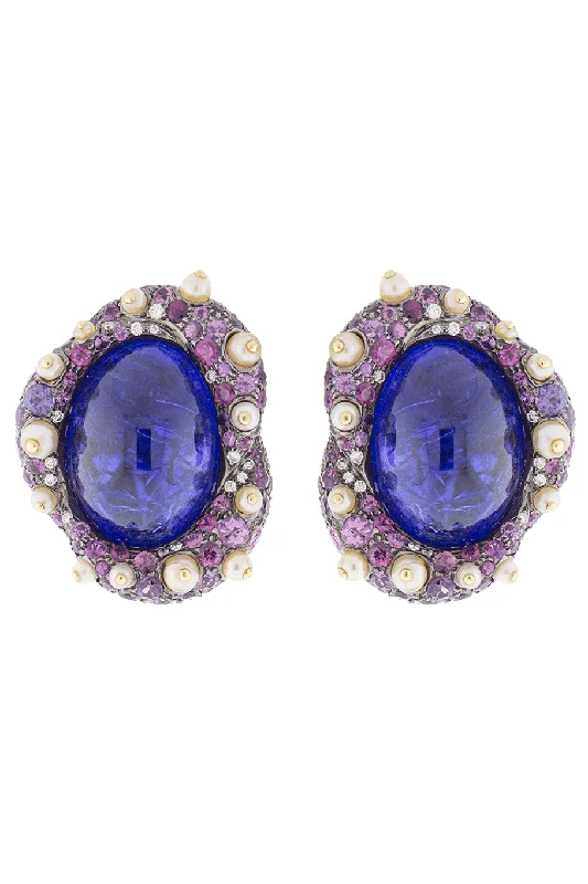 Drop Earrings for Beach Outfit -Cabochon Tanzanite Stud Earrings