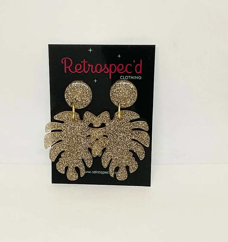 Animal Print Drop Earrings for Fun -Tropical Leaf Gold  Glitter Earrings