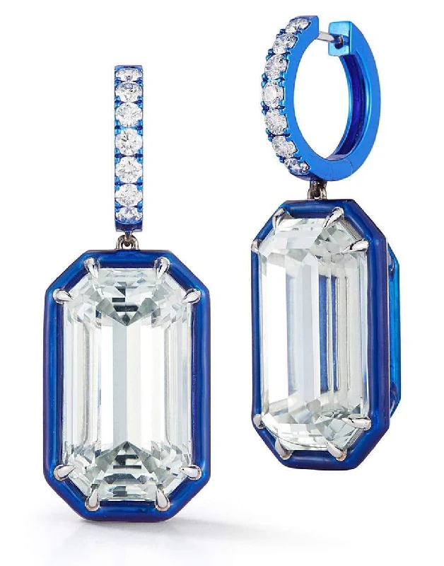 Drop Earrings for Work Attire -White Topaz and Diamond Earrings with Blue Enamel