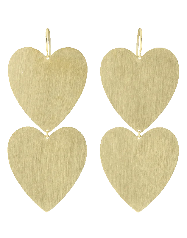 Drop Earrings for Anniversary -Large Double Heart Flat Gold Earrings