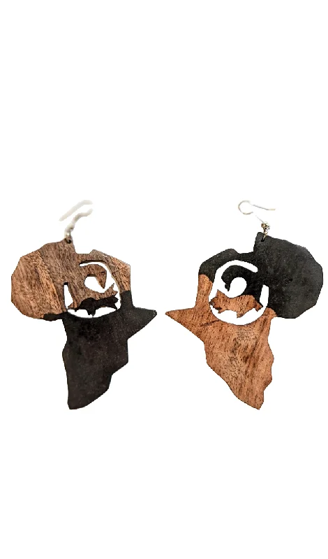 Leverback Drop Earrings for Comfort -Dupsie's Nkyinkyim Two-Tone Wooden Map of Africa Earrings with Sankofa Bird DPJGSB11