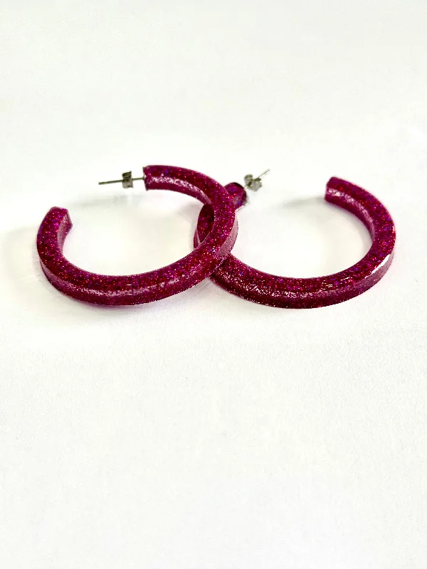 Drop Earrings with Keyhole Designs -Rosie Large Magenta Glitter Hoop Earrings