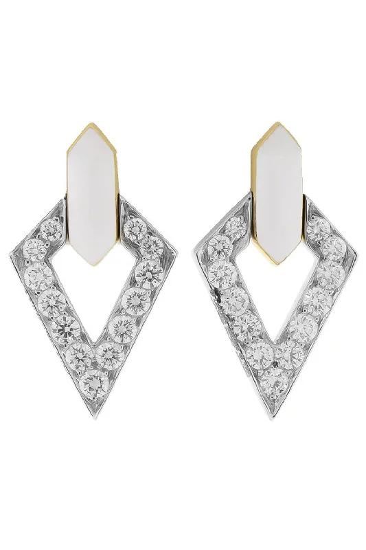 Drop Earrings for Christmas Party -Double Diamond And White Enamel Earrings