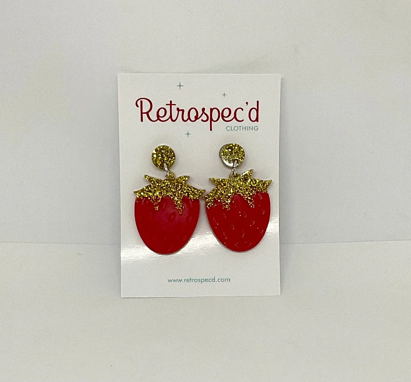 Drop Earrings with Animal Motifs -Strawberry  Shortcake Red/Gold Glitter Earrings