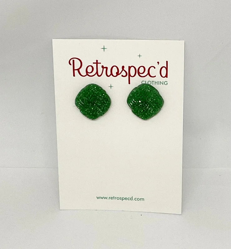 Drop Earrings for Concert Look -Basket Weave Green Glitter Stud Earrings