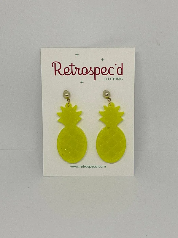 Crystal and Pearl Drop Earrings for Glamour -Pineapple Citrus Yellow Glitter Earrings