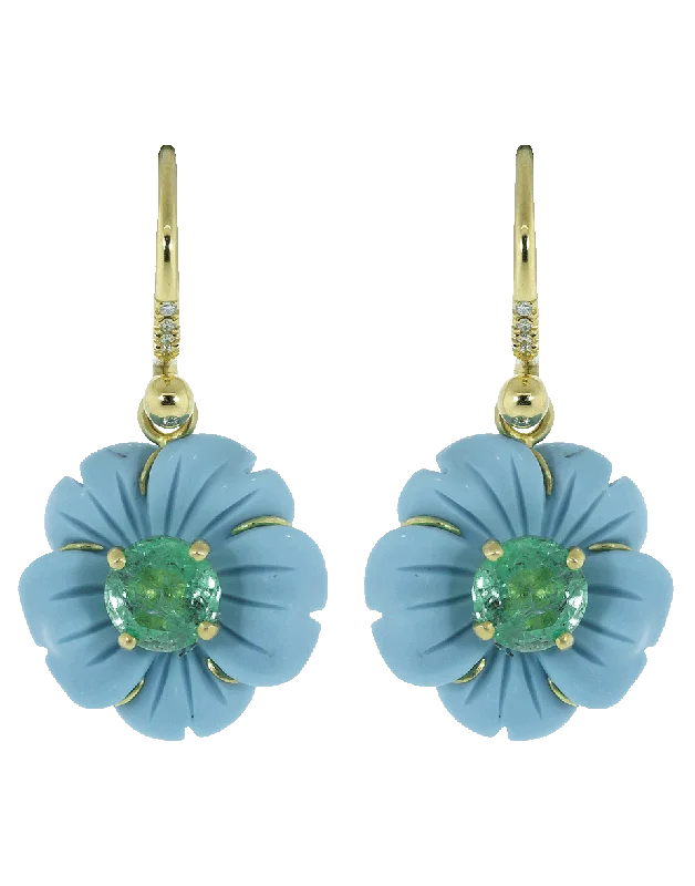 Rhinestone Drop Earrings for Sparkle -Carved Turquoise Flower Drop Earrings