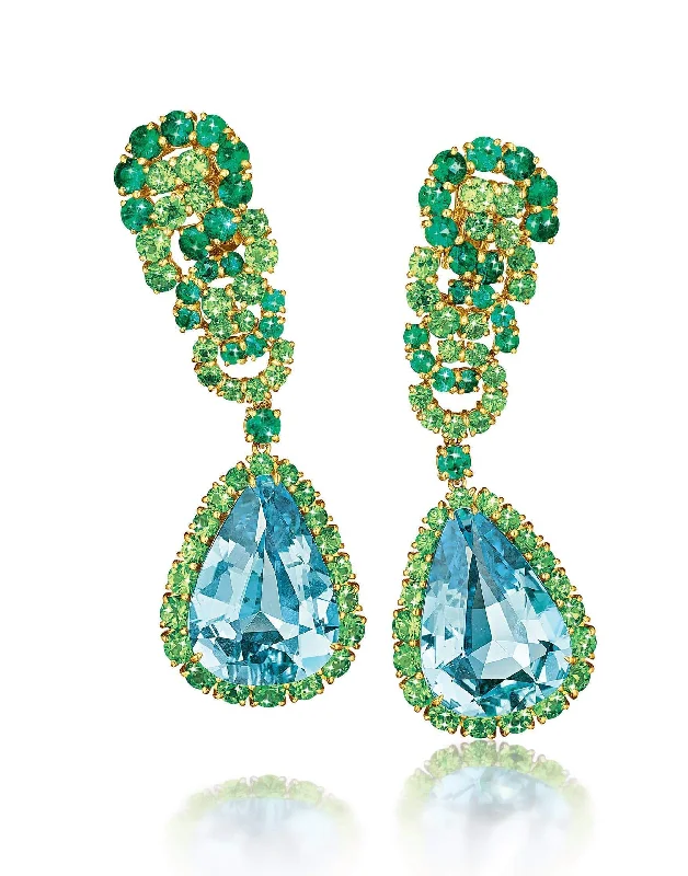 Drop Earrings for Engagement Party -Cascade Aquamarine Emerald and Tsavorite Earrings