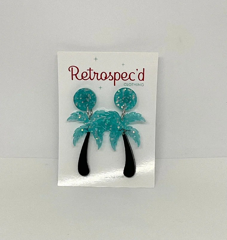 Drop Earrings with Keyhole Designs -Palm tree Glitter Turquiose/Black Earrings