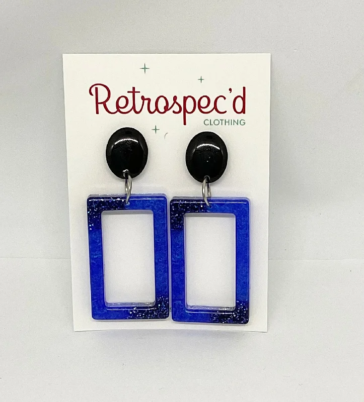 Drop Earrings for School Uniform -Rectangle  Pearl Sapphire Blue Glitter Hoop Earrings