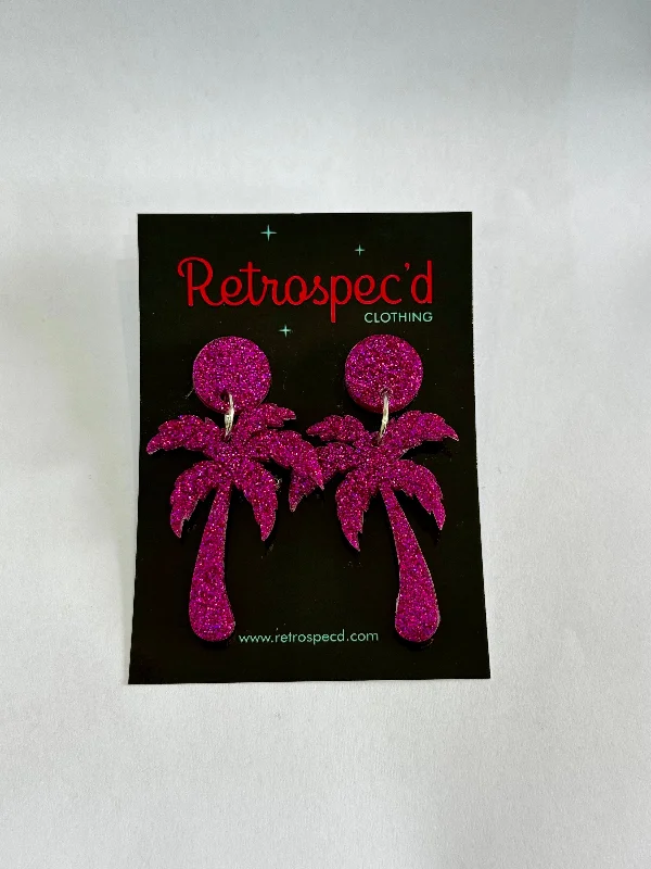 Drop Earrings with Floral Motifs -Palm Tree Magenta Glitter Earrings