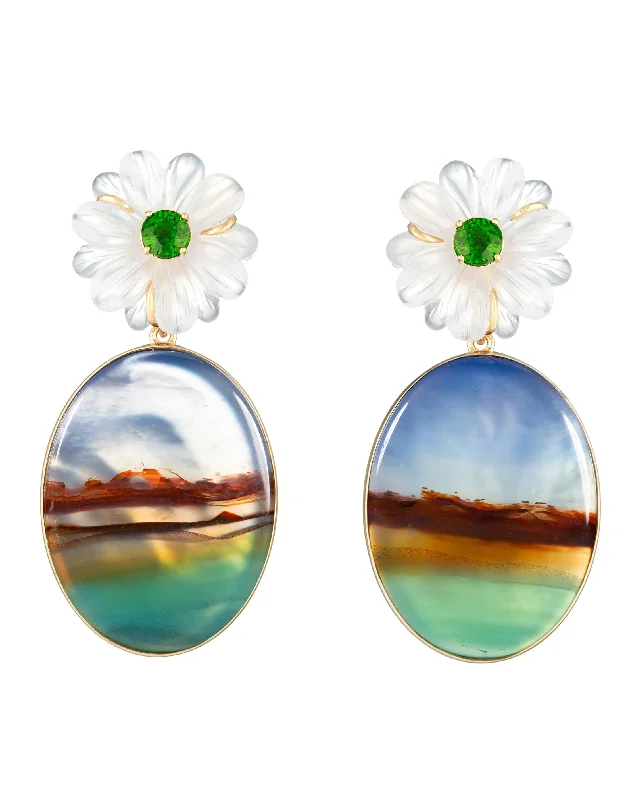 Round Drop Earrings for Classic -Quartz and Stripe Agate Flower Earrings