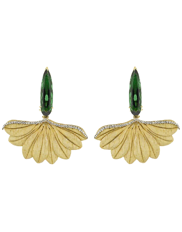 Gemstone and Diamond Drop Earrings for Opulence -Carved Leaf with Green Tourmaline Earrings