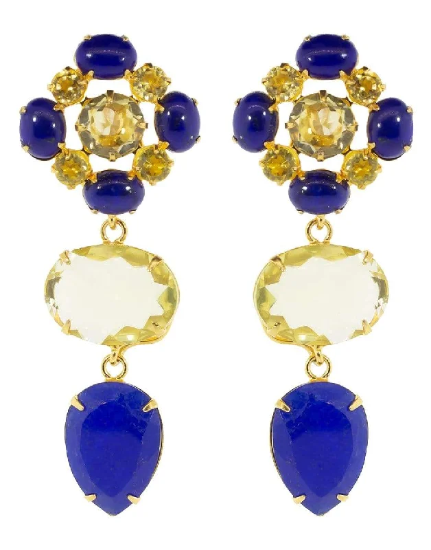 Drop Earrings with Enamel Coating -Lapis and Lemon Quartz Earrings