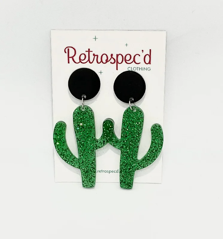 Gold Drop Earrings for Women -Cactus Green/Black Glitter Earrings