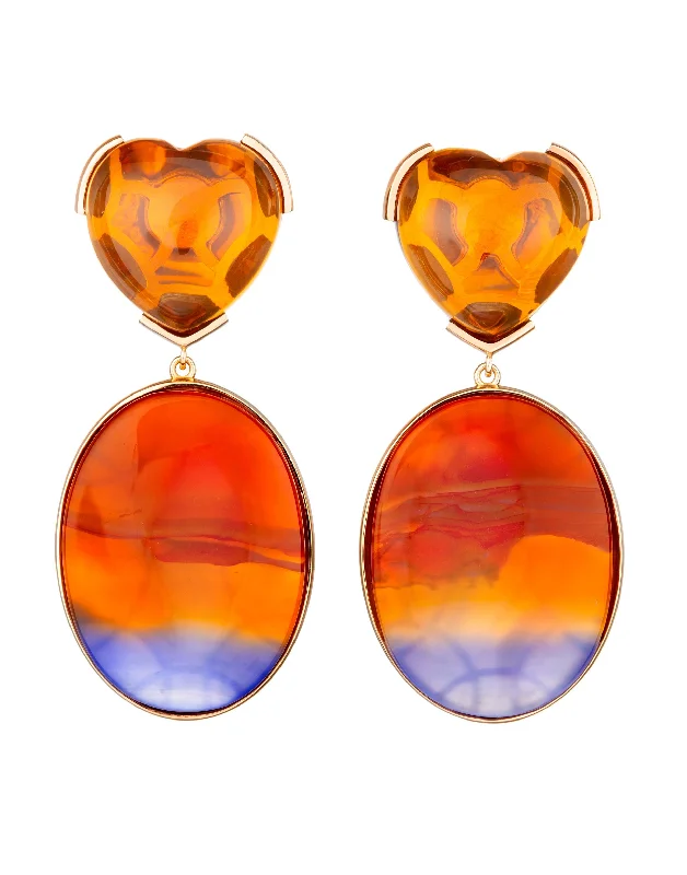 Large Drop Earrings for Statement -Stripe Agate and Citrine Heart Earrings