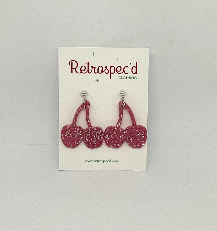 Studded Drop Earrings with Gemstones -Cherry  Pink Glitter Earrings