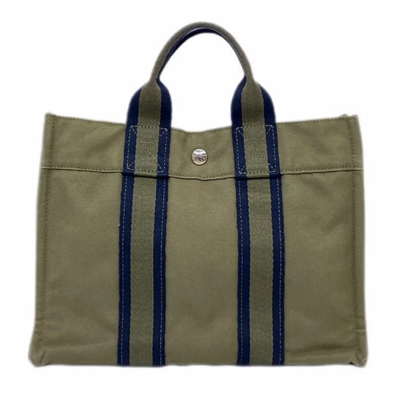 Handle bags with spacious pockets for travel -Hermes Fourre Tout  Navy Canvas Handbag Tote Bag (Pre-Owned)