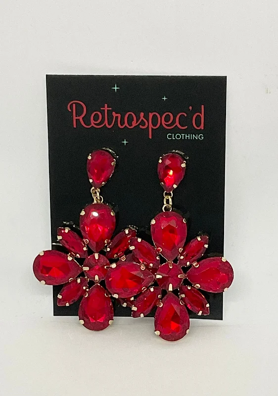 Large Drop Earrings for Statement -Statement Flower Gem Earrings Red