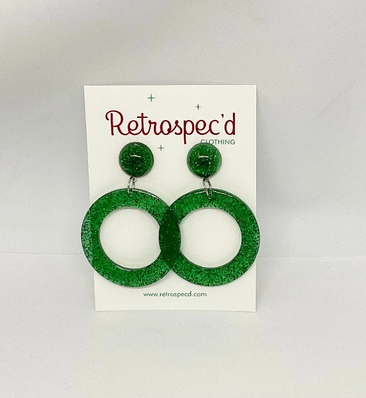 Drop Earrings with Keyhole Designs -Hula  Green Glitter Hoop Earrings